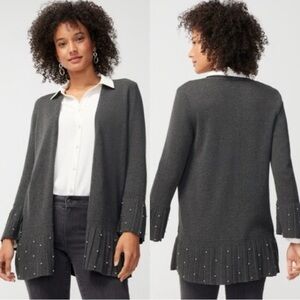 Chicos Charcoal Gray Pleated Cardigan with Faux Pearl Accents.